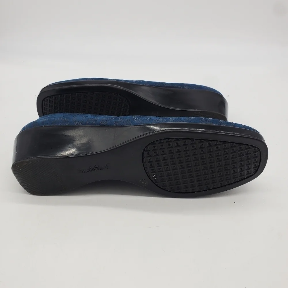 Michelle D Shoes Women 9M Brenda Navy Blue Reptile Square Toe Wedge Pump